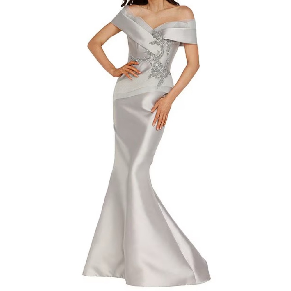 Terani Couture Elegant Silver Off-Shoulder Gown